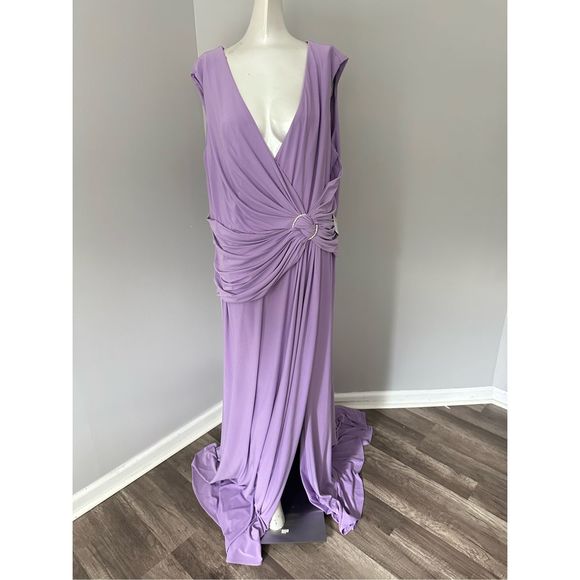 MAC DUGGAL DRAPED SIDE KNOT JERSEY GOWN W/ RHINESTONE RING - Picture 4 of 10